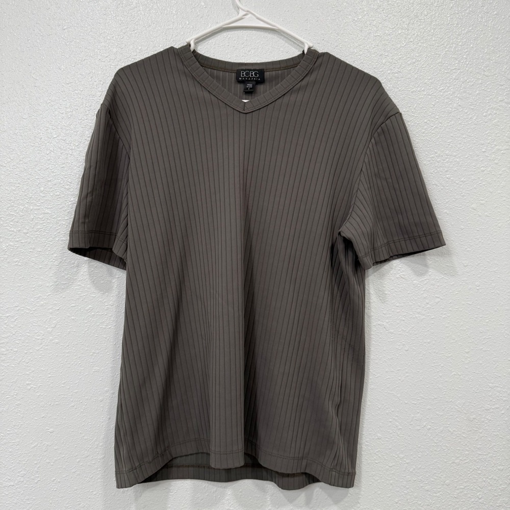 BCBG MAXAZRIA Men Ribbed V Neck Short Sleeve T Shirt Size L Gray Made in USA